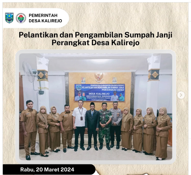 Pelantikan dan Pengambilan Sumpah Janji Perangkat Desa Kalirejo tahun 2024